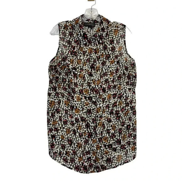 Lane Bryant Collared Button Front Tank Top 16 Split Open Back Novelty Dots Brown - Picture 1 of 7